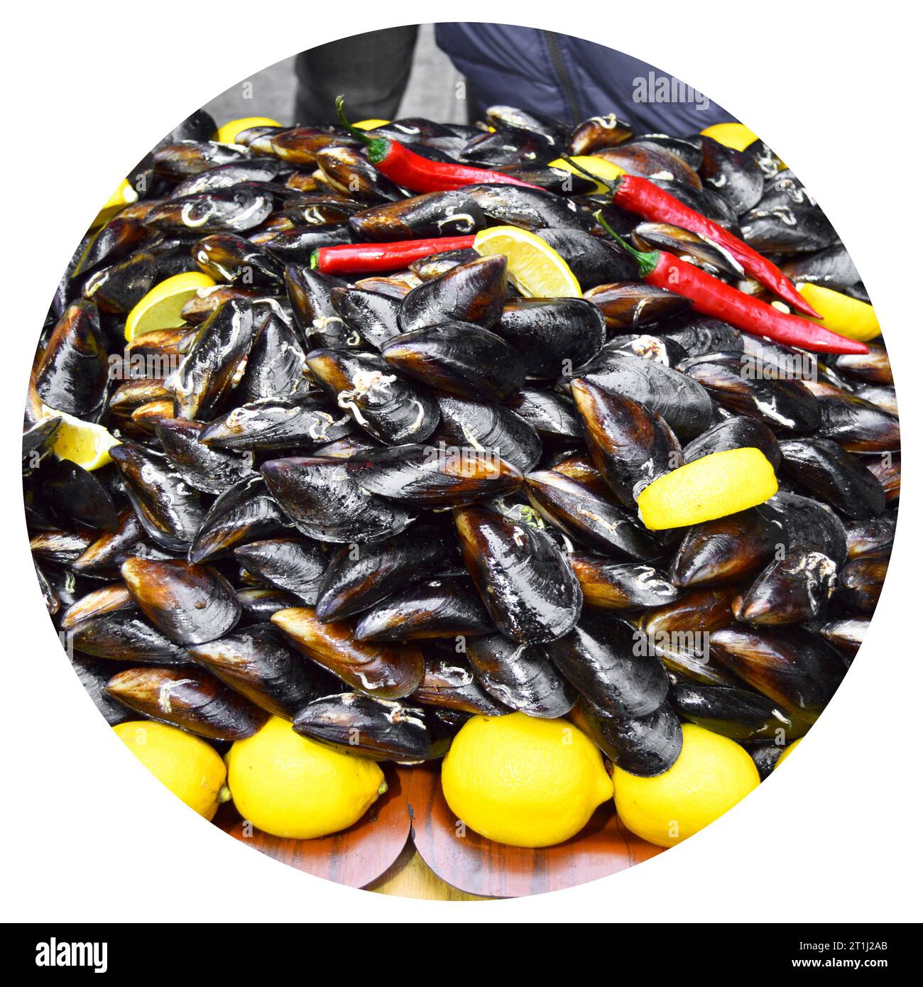 Midye dolma, cozze ripiene, cibo turco con una bella presentazione, con limone e pepe rosso Foto Stock