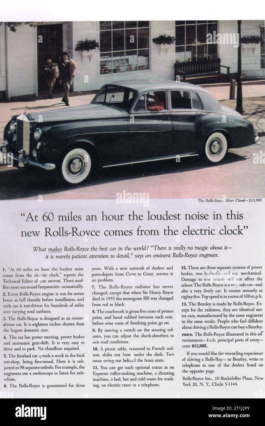 1958 Rolls-Royce Silver Cloud ad, 'a 60 miglia all'ora il rumore più forte di questa nuova Rolls-Royce proviene dall'orologio elettrico. ' Foto Stock