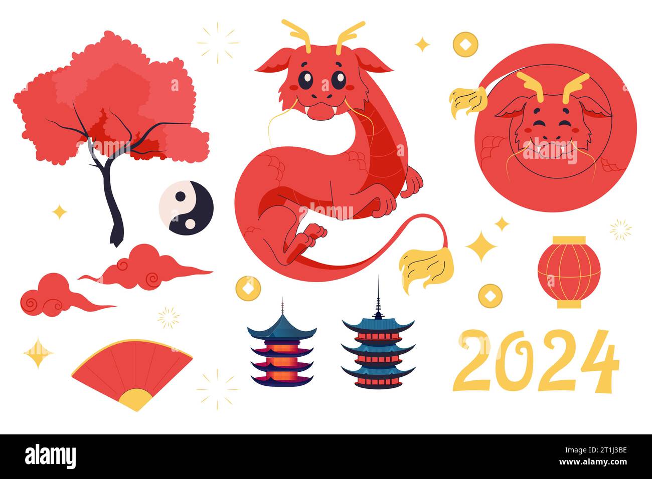 Set 2024 anno del drago cinese, drago carino, pagode, nuvole, lanterna. Illustrazione di cartoni animati vettoriali su sfondo bianco Illustrazione Vettoriale
