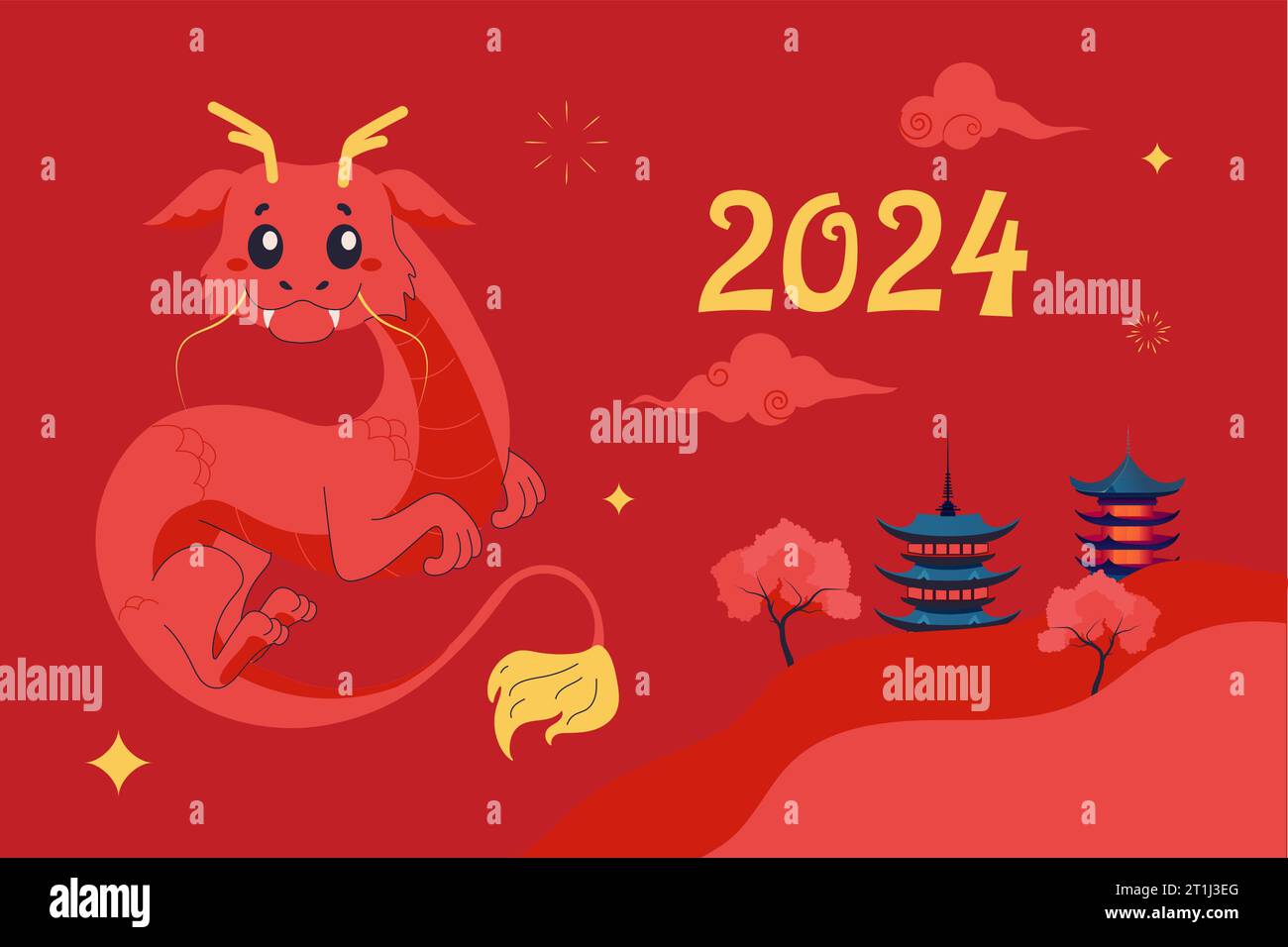 cartolina del 2024, l'anno dello striscione del drago cinese, il drago carino. Illustrazione di cartoni animati vettoriali su sfondo bianco Illustrazione Vettoriale