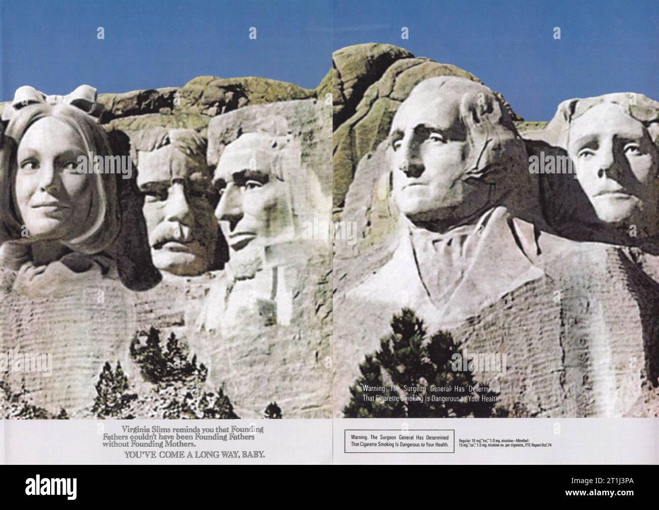 1968 Virginia Slims ad. Hai fatto molta strada, piccola. Padri fondatori e madri fondatrici. Donna tra i presidenti sul Monte Rushmore Foto Stock