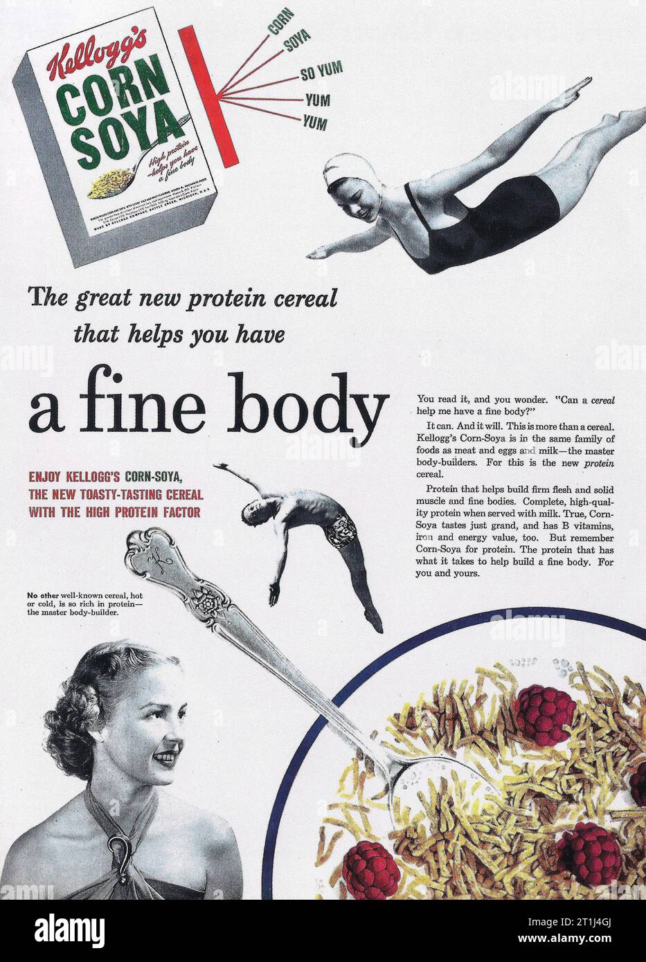 1950 Kellogg's Corn Soya ad "The Great New protein Cereal that helps you have a fine body" Foto Stock