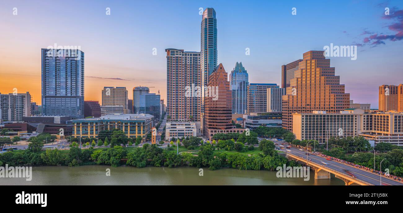 Austin, Texas, sul lago Ladybird al tramonto. Foto Stock