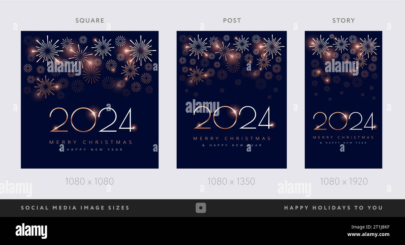 2024 felice anno nuovo buon Natale sfondi social media design con fuochi d'artificio - storie, foto, foto, post di foto, formato personalizzato - vettore Illustrazione Vettoriale