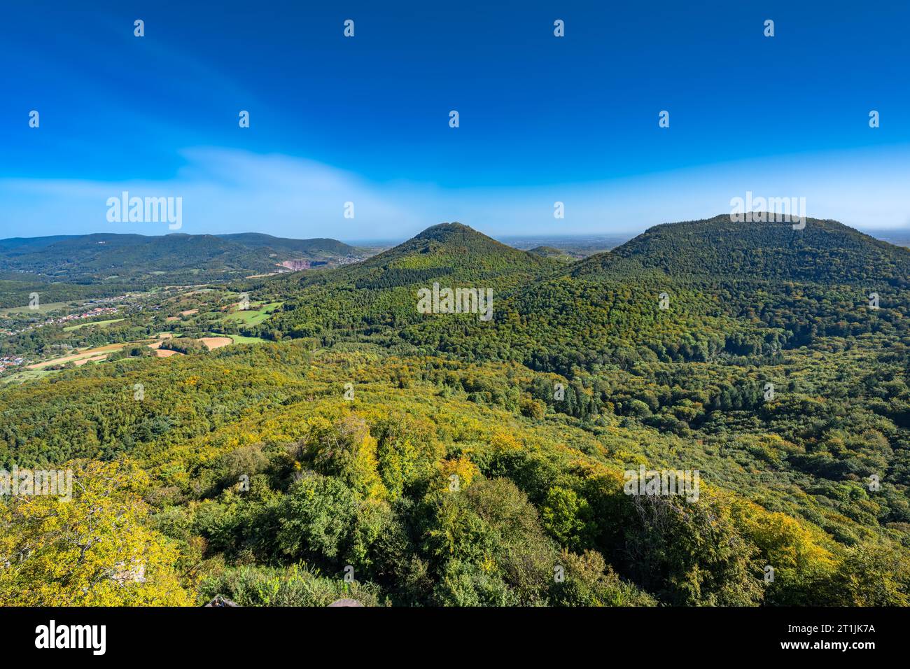 Magnifica vista dal castello di Trifels sulle colline della foresta del Palatinato, sopra la città meridionale del Palatinato Annweiler. Wasgau, Renania-Palatina Foto Stock