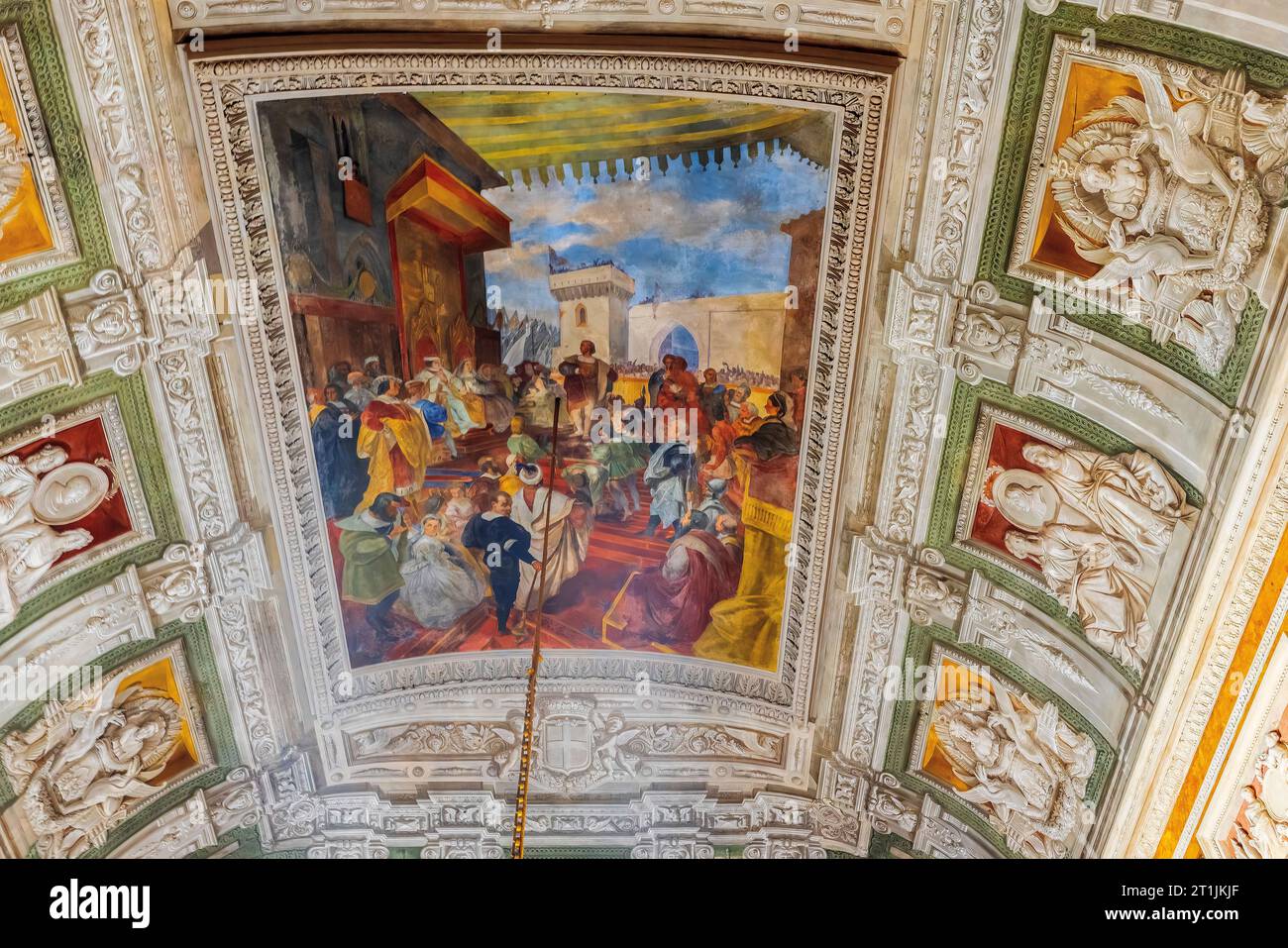 Palazzo Doria-Tursi, Salone di Rappresentante, affresco sul soffitto raffigurante Cristoforo Colombo alla Corte di Spagna. Genova, Liguria, Italia. Foto Stock