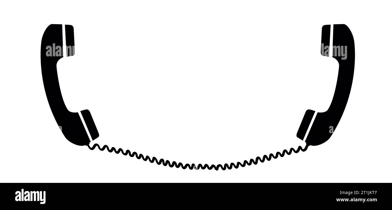 Vecchio ricevitore nero Cartoon con filo. Ricevitori telefonici retro collegati. Cartello telefonico con cornetta. Conversazione telefonica, chiamaci o contattaci. Tele Foto Stock