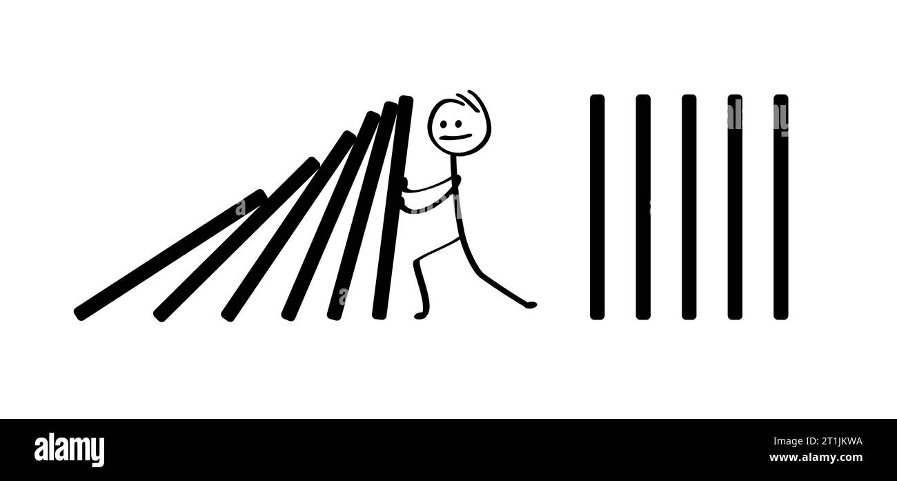 Il cartone animato stickman smette di cadere effetto domino. Conflitto di crisi stack break, sicurezza crash. Business Resilience Concept Domini classici, il pittog di domino Foto Stock