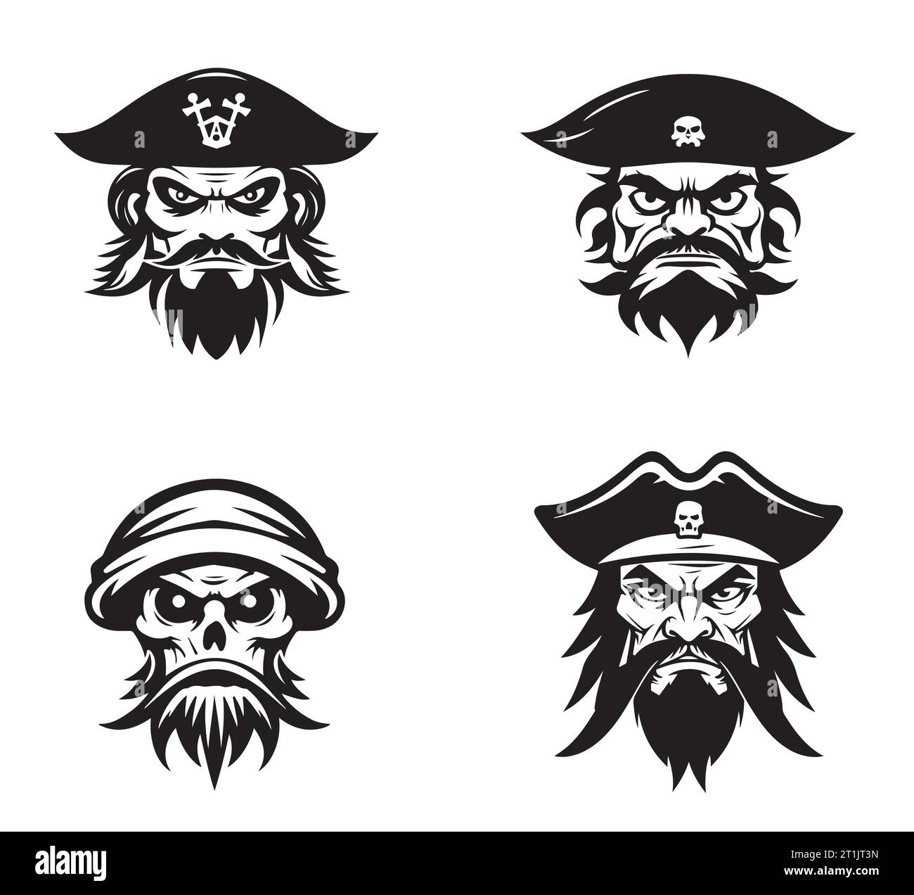 Testa di pirata con cappello, logo con emblema marinaio. Illustrazione in stile trendy Illustrazione Vettoriale