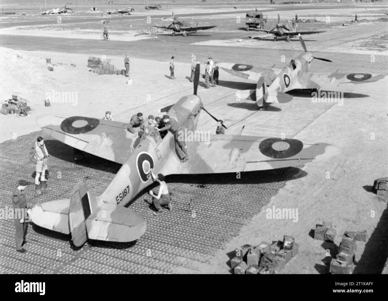 Royal Air Force operazioni in Medio Oriente e Nord Africa, 1939-1943. Il Supermarine Spitfire Vs Marchio di n. 322 Ala RAF, parcheggiato nel loro dispersioni a Tingley, Algeria. In primo piano Mark VBs ES187 'C' e ES191 'T' di n. 154 Squadrone RAF vengono portati alla disponibilità per una pattuglia. Nota l'uso estensivo di acciaio forato fasciame (PSP) alla superficie le dispersioni e vie di rullaggio. Foto Stock