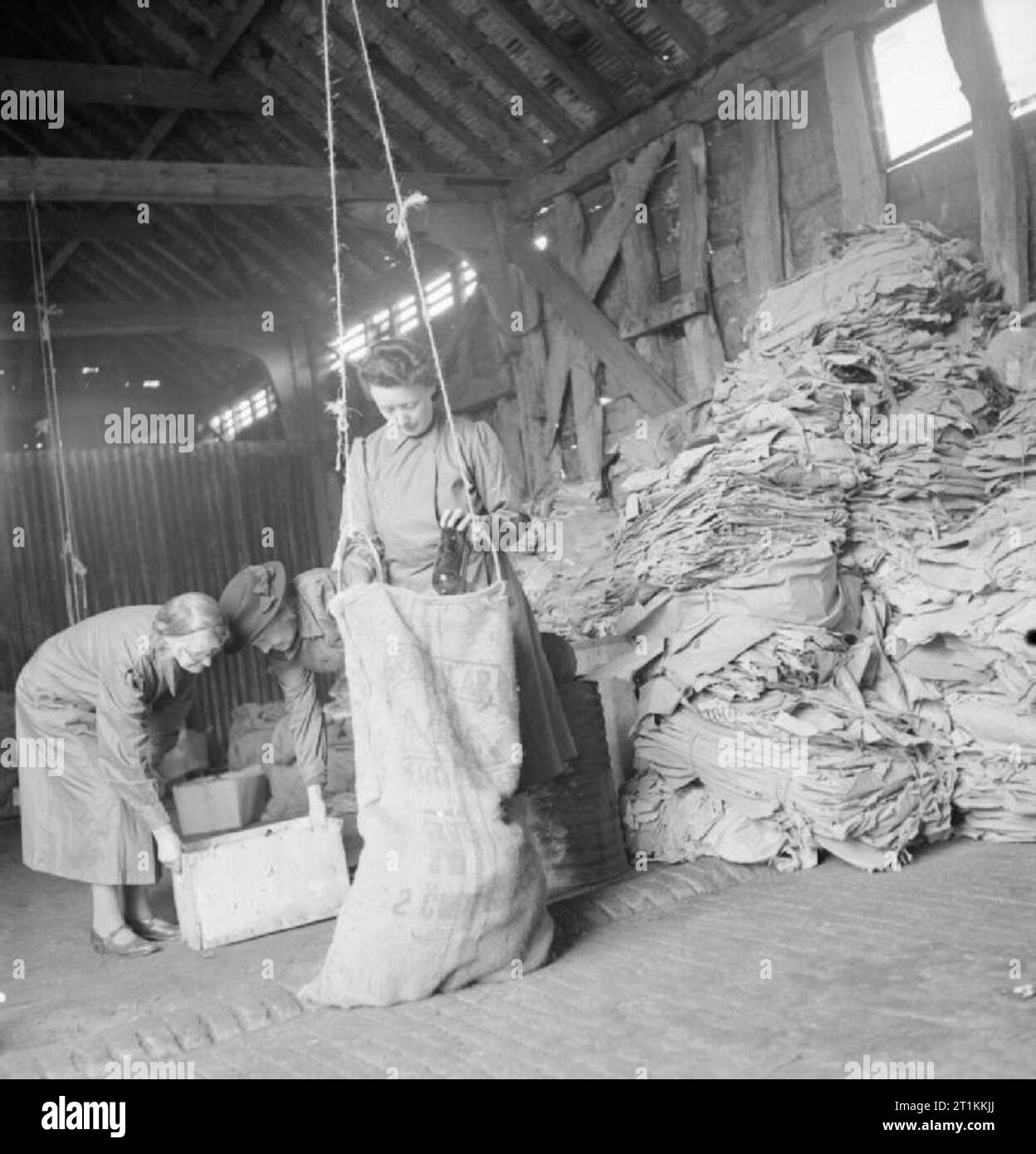 Rottame generale- recuperare in tempo di guerra la Gran Bretagna, 1943 Salvage lavoratore onorevole Bird ordina le bottiglie nella zona centrale salvage depot, alloggiato in un secolo XV fienile in Tostock, Suffolk. Essendo le bottiglie ordinate qui a vendere a prezzi che variano da 3/- a 8/- al lordo. Essa pone le bottiglie in sacchi, come due dei suoi colleghi WVS sollevare una cassa dietro di lei. Foto Stock
