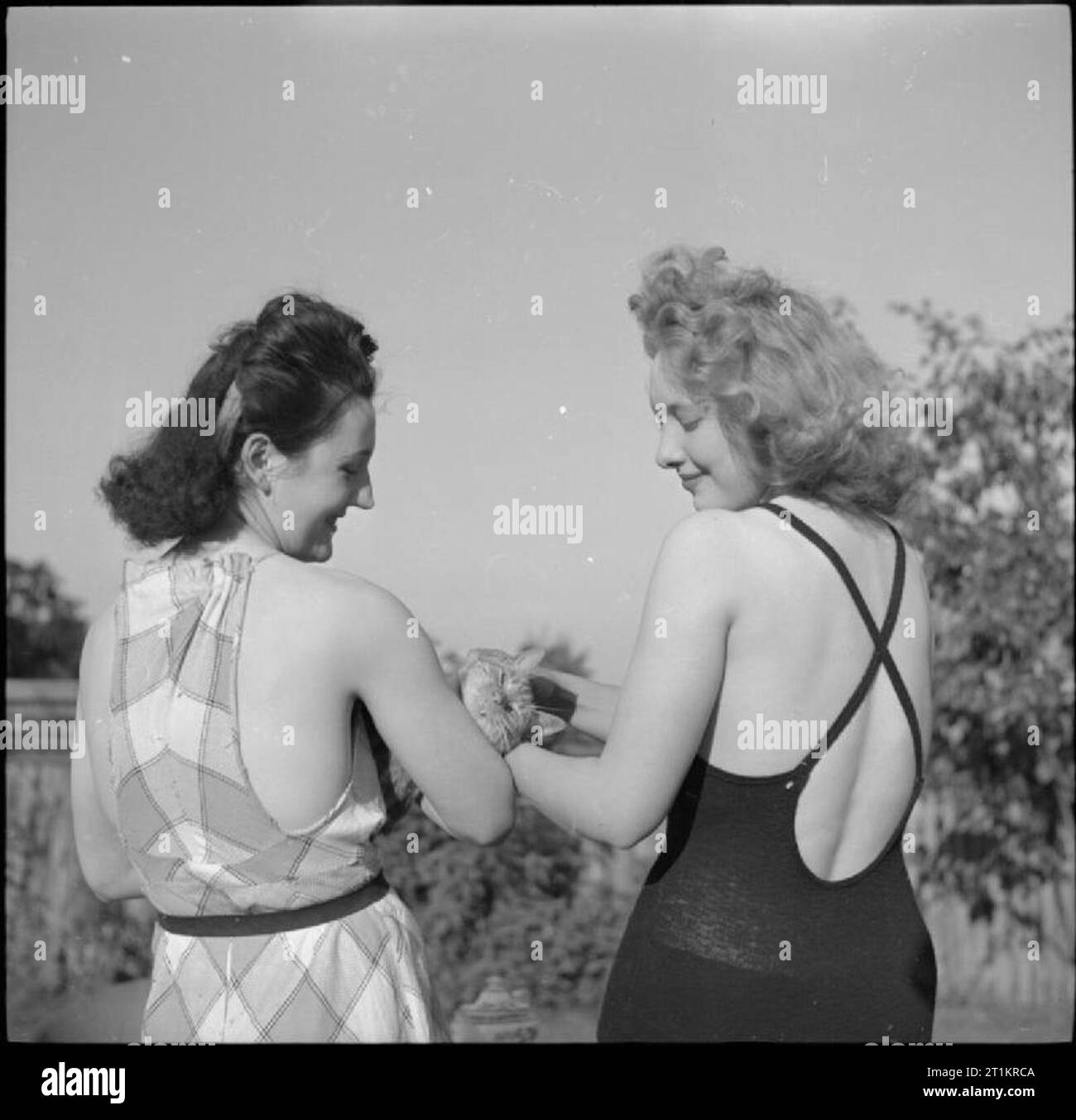 Soggiorno a Casa Vacanze - Divertimento e relax in tempo di guerra di Londra, Inghilterra, 1943 Pinkie Barnes e Peggy franchi giocare con il loro gatto in giardino. Essi sono entrambi in costume da bagno come stanno godendo un po' di sole come parte della loro "vacanza a casa'. Foto Stock