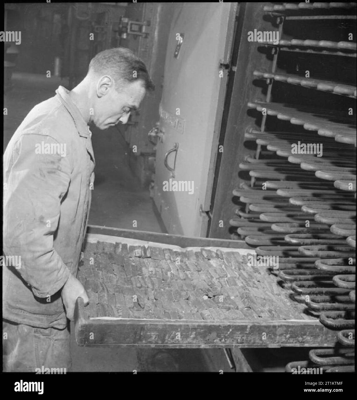 Oppio turco per la Gran Bretagna- l'uso di oppio in medicina britannica, UK, 1943 a 'factory' da qualche parte in Gran Bretagna, signor W R Armsby luoghi un vassoio di oppio fette in un forno. L oppio è essiccata per 4 giorni in una stufa da vuoto e questi strati vengono utilizzati per rendere galenicals, Estratti concentrati che farmacie utilizzare per creare dei medici di prescrizioni. L oppio è stato importato dalla Turchia dal Ministero della Salute e viene rilasciato alla produzione chimici come richiesto. Foto Stock