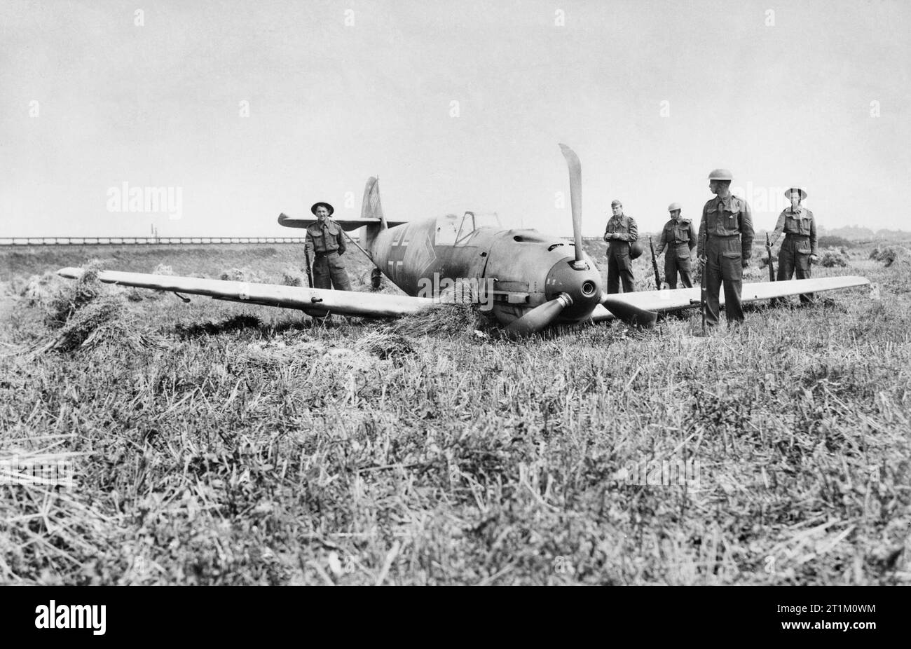 La Battaglia di Bretagna Messerschmitt Bf 109 E-1 di Oberleutnant Paolo Temme, Gruppe aiutante di MI/ JG 2 'Richtofen', che si schiantò vicino a Shoreham aerodrome nel Sussex il 13 agosto 1940. Foto Stock