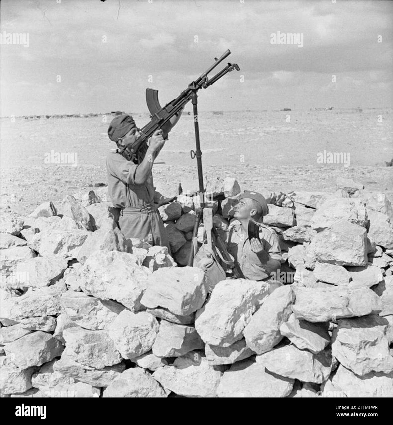 Il Polacco indipendente fucili dei Carpazi brigata nell'Assedio di Tobruk, 1941 truppe del polacco indipendente fucili dei Carpazi Brigata in una bren mitragliatrice post. I soldati della brigata si distinsero durante l'Assedio di Tobruk e si è guadagnato un soprannome di 'i ratti di Tobruk'. Foto Stock