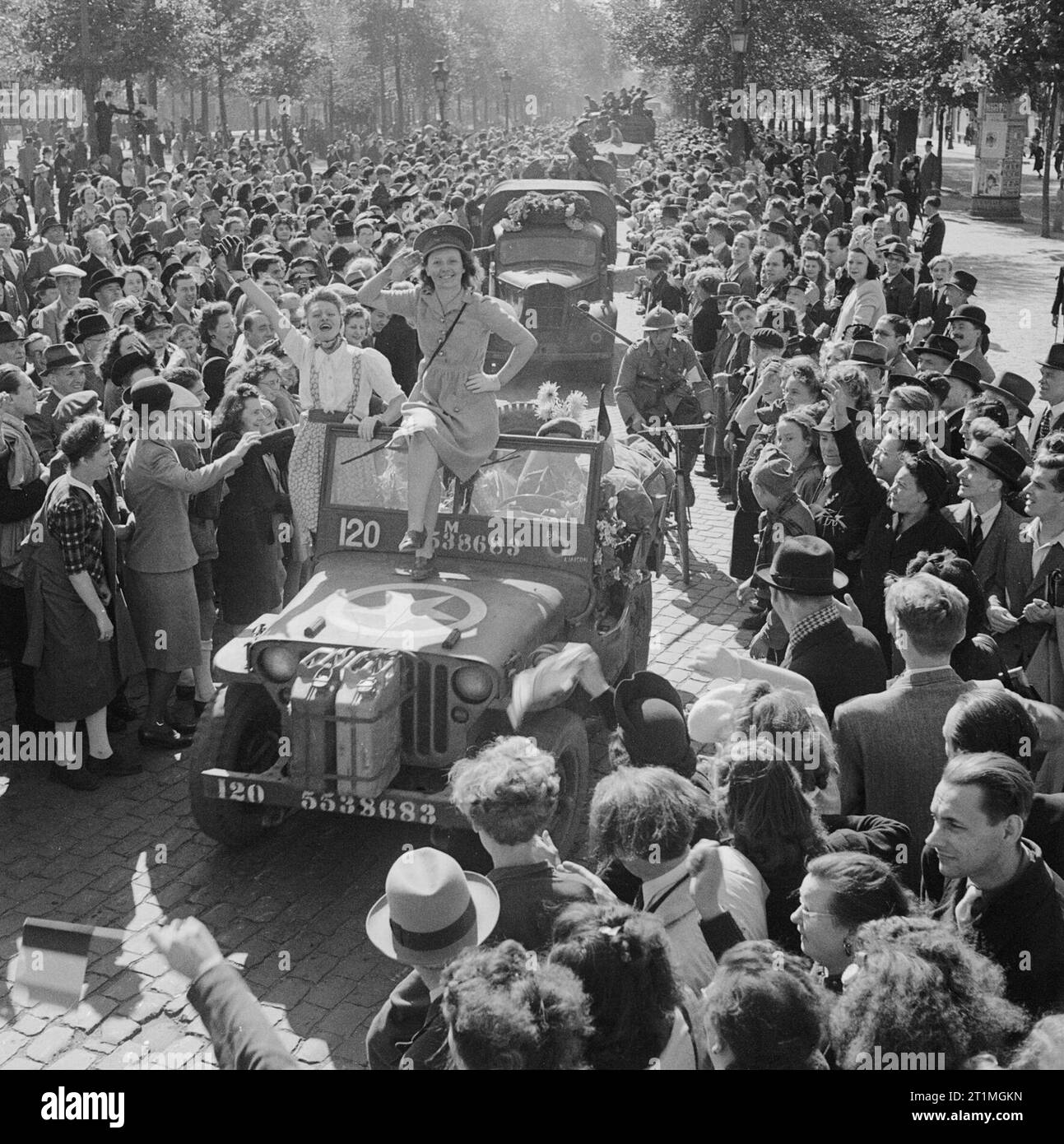 Immensa folla festante di salutare le truppe britanniche entrando in Bruxelles, 4 settembre 1944. Attraversando la Senna e passate alla linea di Siegfried 24 agosto - dicembre 1944: Gli Abitanti di Bruxelles salutare britannico e belga truppe dopo la liberazione della città. Foto Stock