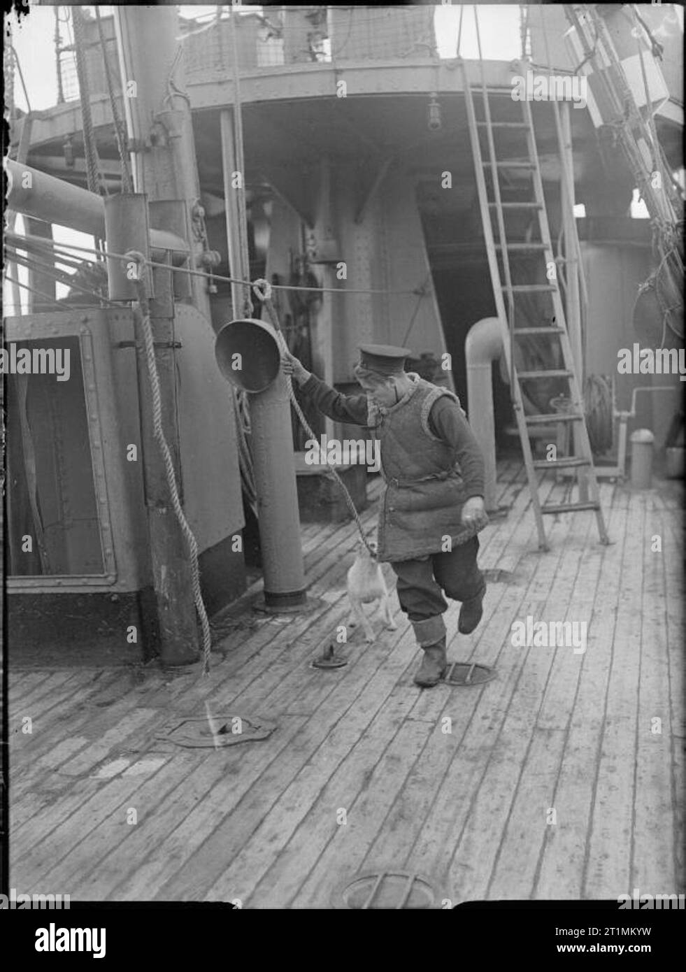 La Royal Navy durante la Seconda Guerra Mondiale un membro dell' equipaggio di HMT STELLA PEGASI presso la Scapa presa di flusso della linea di vita che viene utilizzato in caso di maltempo. La nave la mascotte, un piccolo cane, apparentemente pensa che sia tempo per giocare. Questo è uno dei 'piccole navi' che stanno facendo un centinaio e un lavoro importante. Foto Stock