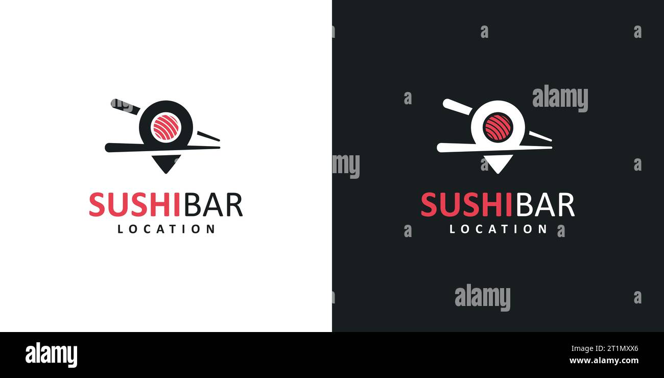 Modello di design del logo per individuare la posizione con disegno astratto di sushi e bacchette, illustrazione grafica vettoriale. Simbolo, icona, creativo. Illustrazione Vettoriale