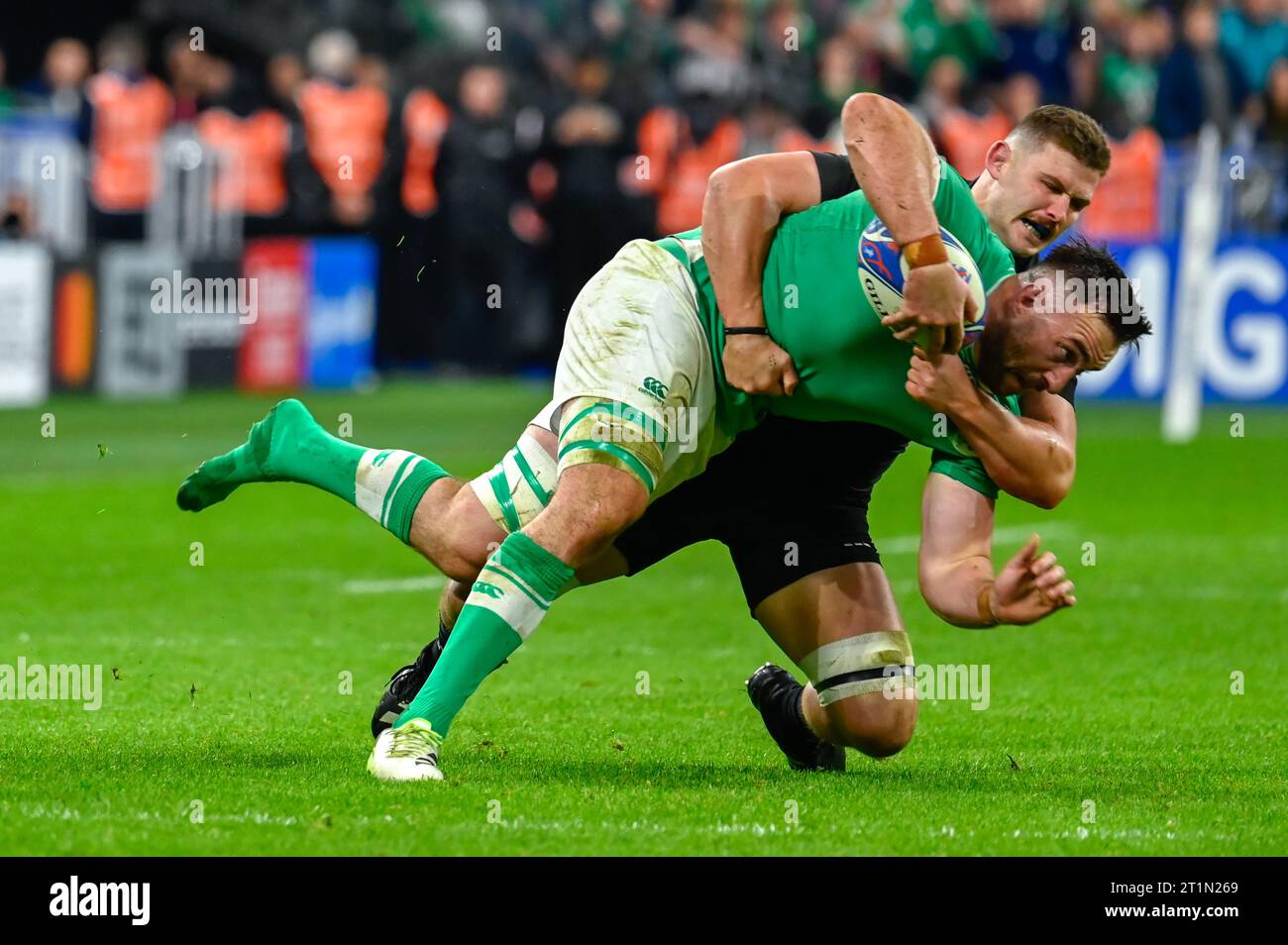 Julien Mattia/le Pictorium - Irlanda / nuova Zelanda, Stade de, Francia. 14 ottobre 2023. Francia/Seine-Saint-Denis/Saint-Denis - la difesa degli All-Blacks durante i primi quarti di finale della Coppa del mondo di rugby 2023, tra Irlanda e nuova Zelanda, allo Stade de France, il 14 ottobre 2023. Crediti: LE PICTORIUM/Alamy Live News Foto Stock