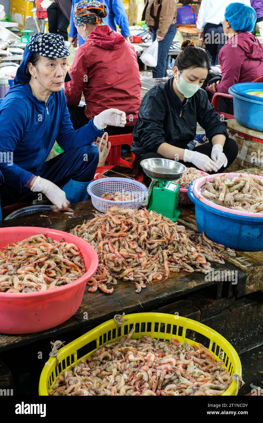 Cat Ba, Vietnam. Vendere gamberi al mercato di prima mattina. Foto Stock