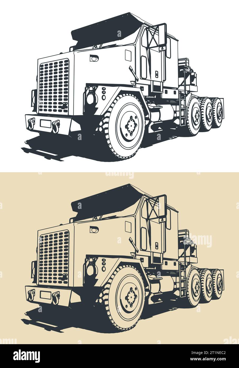 Illustrazioni vettoriali stilizzate del trattore per veicoli industriali. Trasportatore di attrezzature pesanti Illustrazione Vettoriale