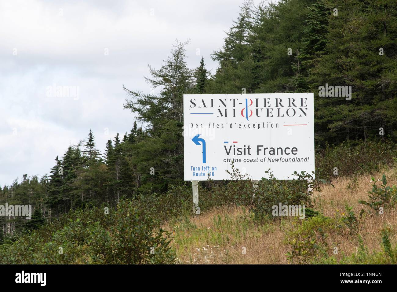 St Cartello Pierre & Miquelon Visit France all'uscita di Goobies, Newfoundland & Labrador, Canada Foto Stock