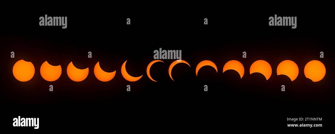 Stadi di eclissi solare parziale, con magnitudine massima del 86%. Osservata a Dallas, Texas, il 14 ottobre 2023. Foto Stock