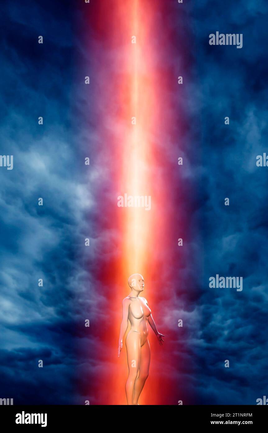 creatura femminile umanoide e un raggio di luce che la colpisce Foto Stock