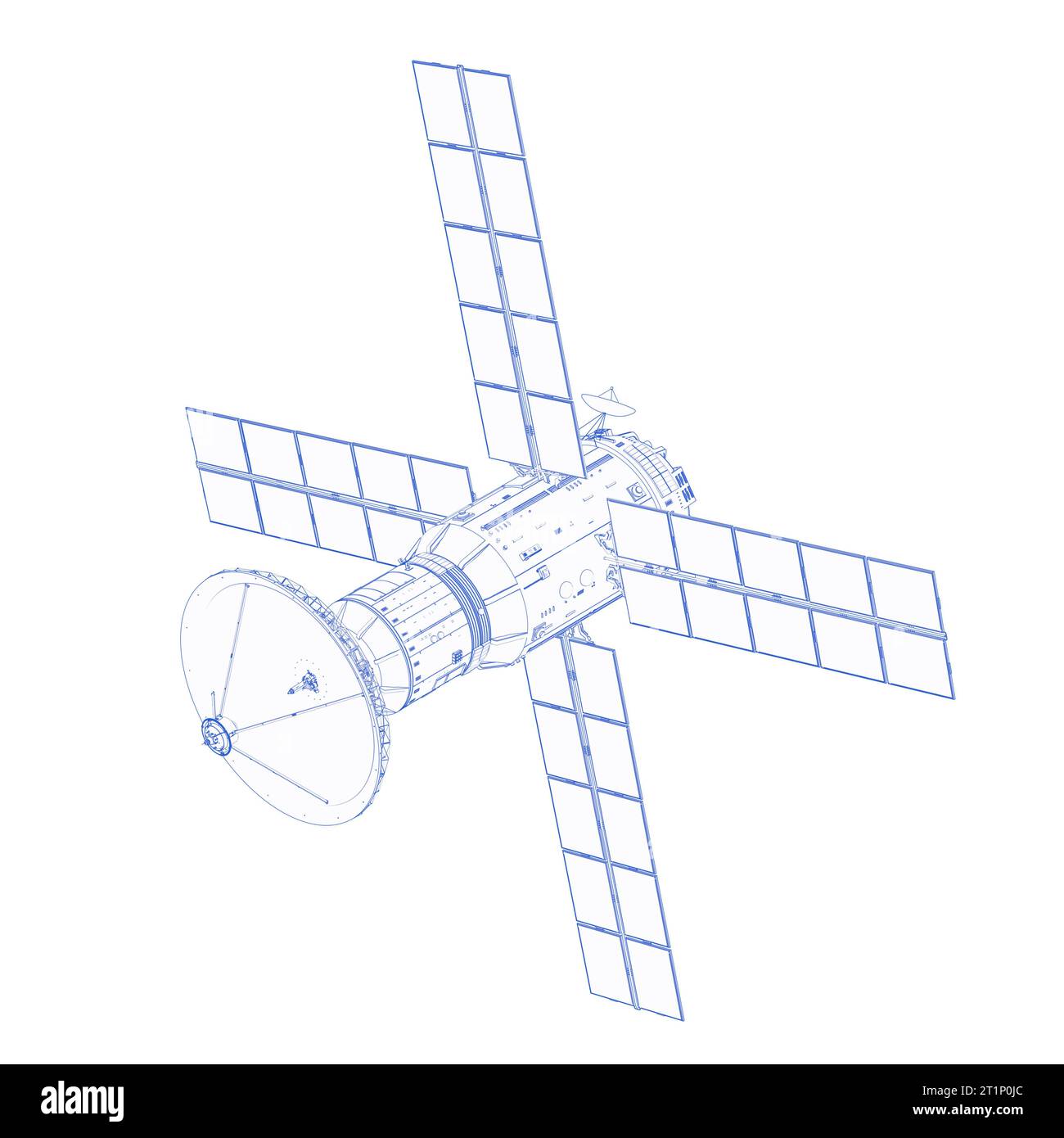 parabola satellitare con contorno blu di rendering 3d con pannello solare isolato su sfondo bianco Foto Stock