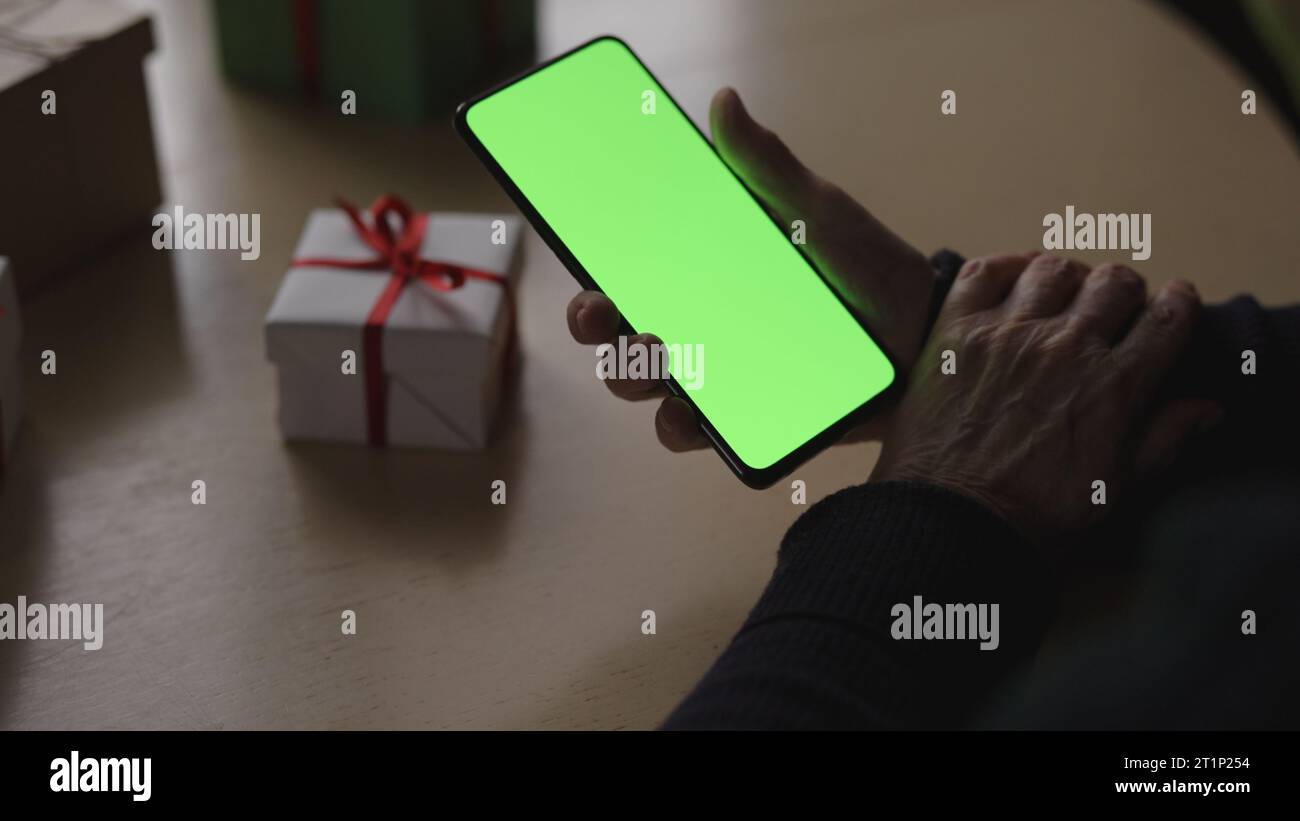 vecchio smartphone femminile con schermo verde e festeggiamenti chiacchierando con la famiglia, foto ampia Foto Stock