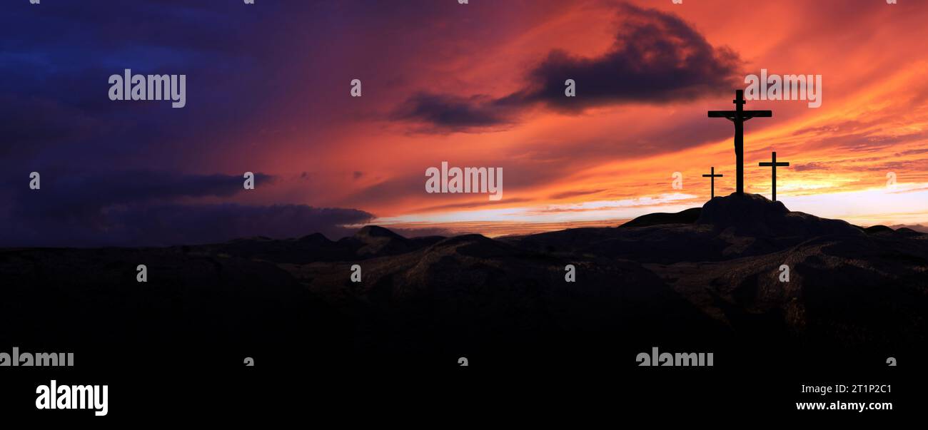 Collina del Golgotha con cielo rosso e nuvole, silhouette a croce che simboleggia la passione di Gesù Cristo e la morte di Gesù durante la settimana della passione e la Pasqua Foto Stock