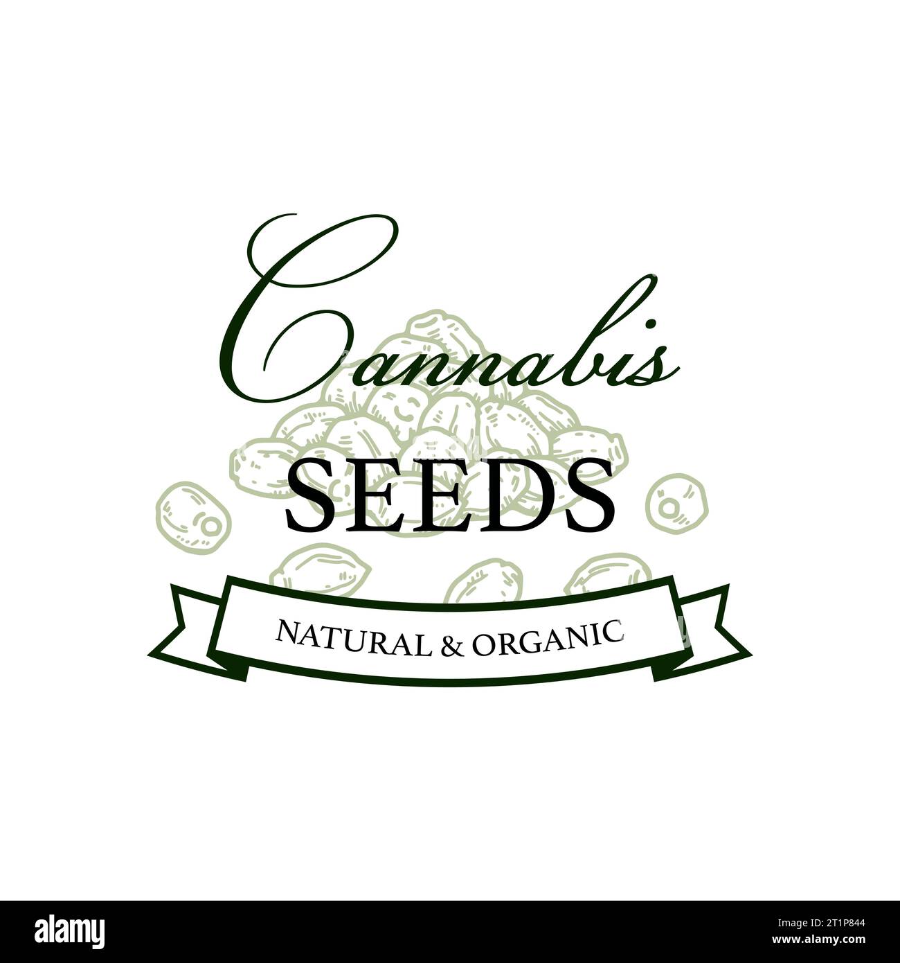 Design della confezione di prodotti a base di cannabis. Modello logo marijuana con elementi disegnati a mano. Illustrazione vettoriale nello stile di schizzo. Illustrazione Vettoriale