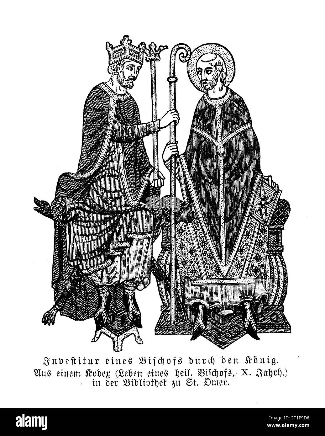 Investitura del vescovo dal re, da un codice medievale, X secolo, St. Biblioteca Omer, Francia Foto Stock