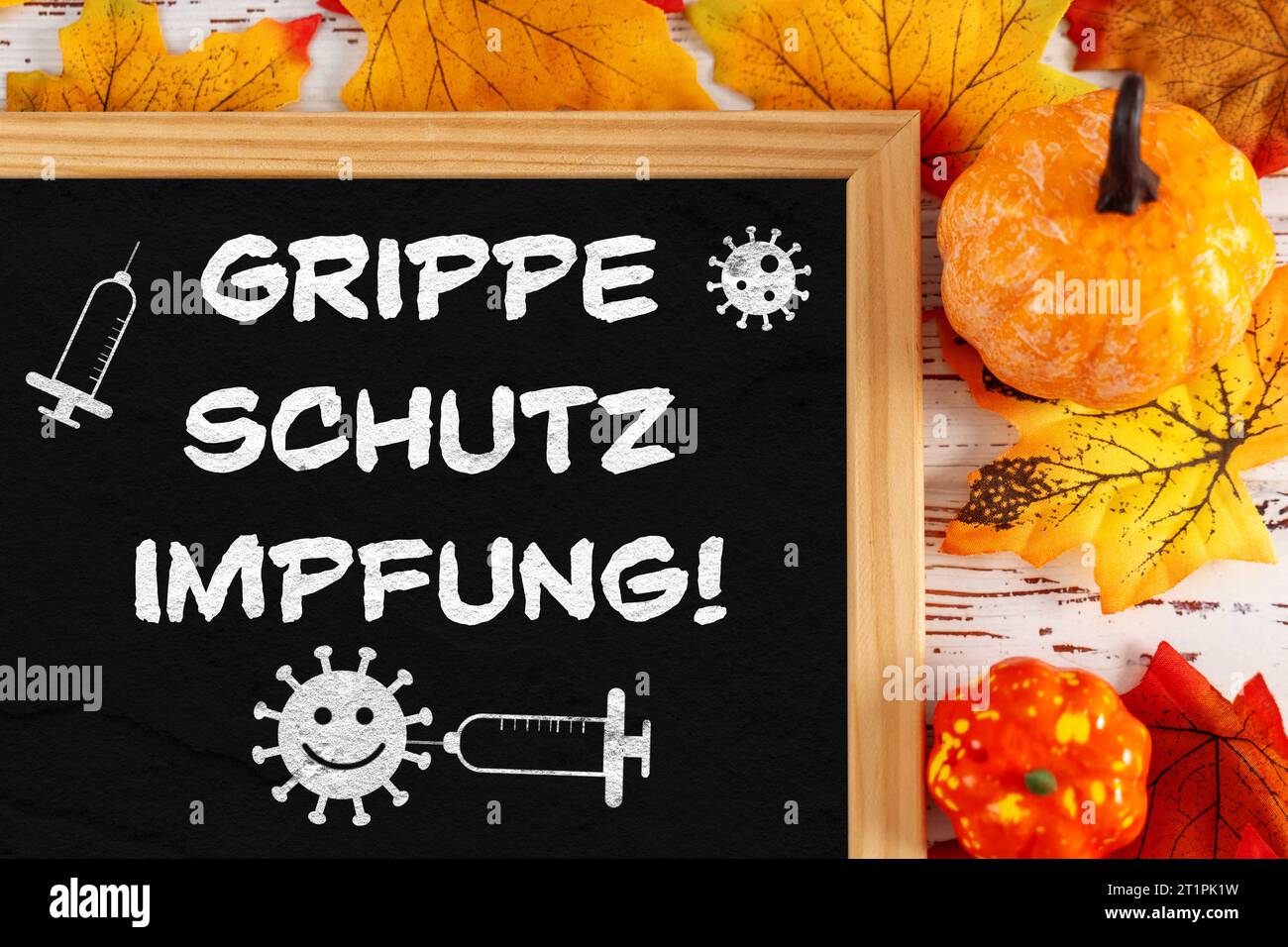 15 ottobre 2023: Immagine icona vaccinazione antinfluenzale, lavagna accanto alle foglie autunnali con testo protezione antinfluenzale FOTOMONTAGGIO *** Grippeschutz Impfung Symbolbild, Tafel neben Herbstlaub mit Text Grippe Schutz Impfung FOTOMONTAGE credito: Imago/Alamy Live News Foto Stock