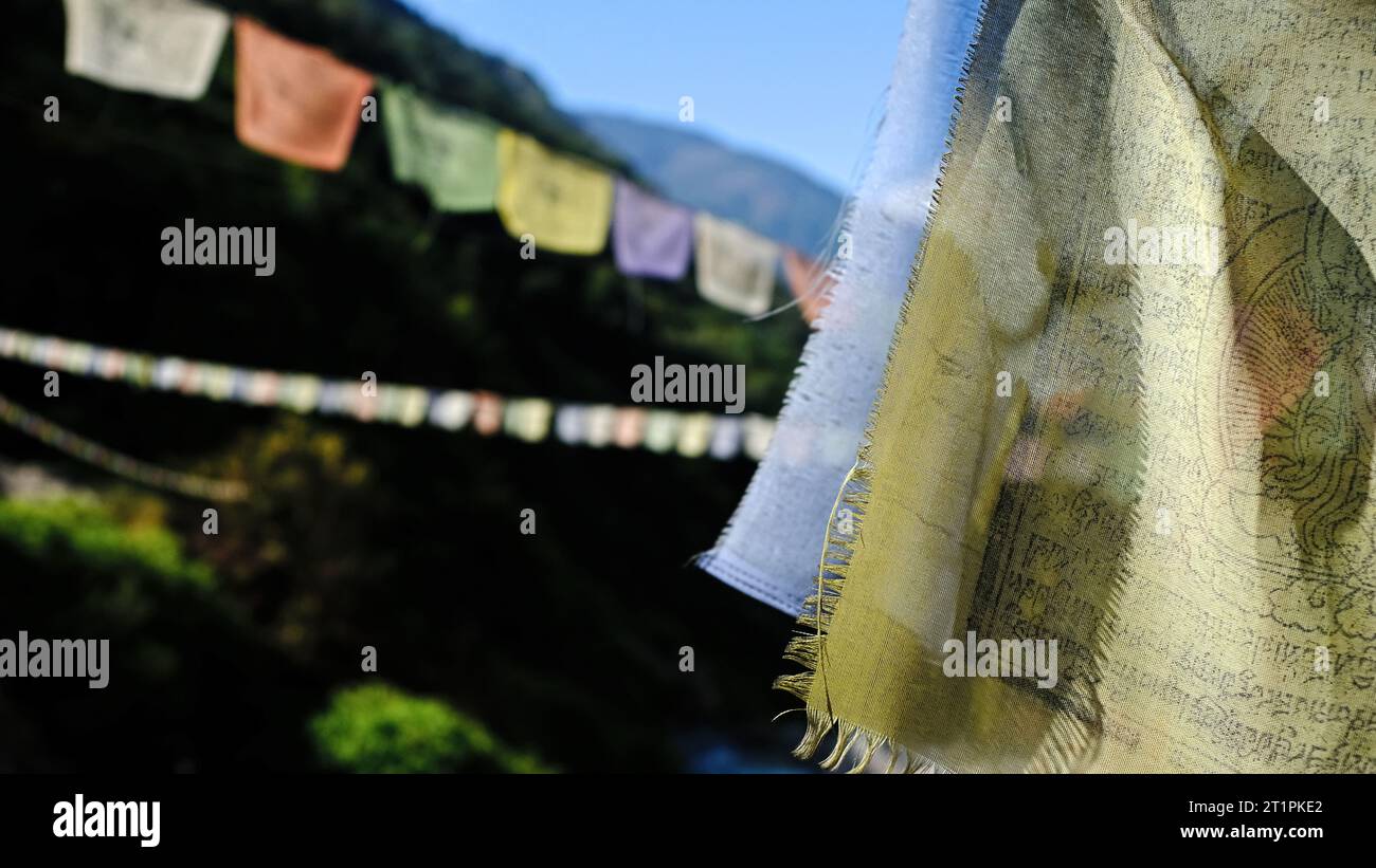 Bandiere di preghiera nella Langtang Valley, Nepal, Asia Foto Stock