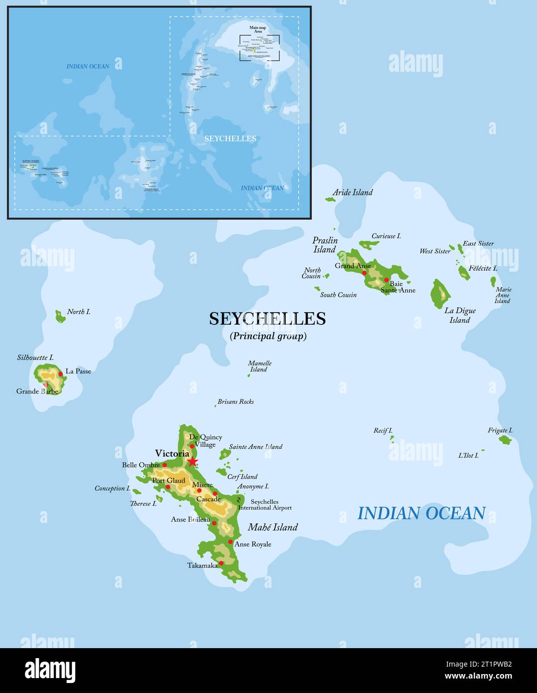 Mappa fisica altamente dettagliata delle isole Seychelles in formato vettoriale, con tutte le forme di rilievo, le regioni e le grandi città. Illustrazione Vettoriale