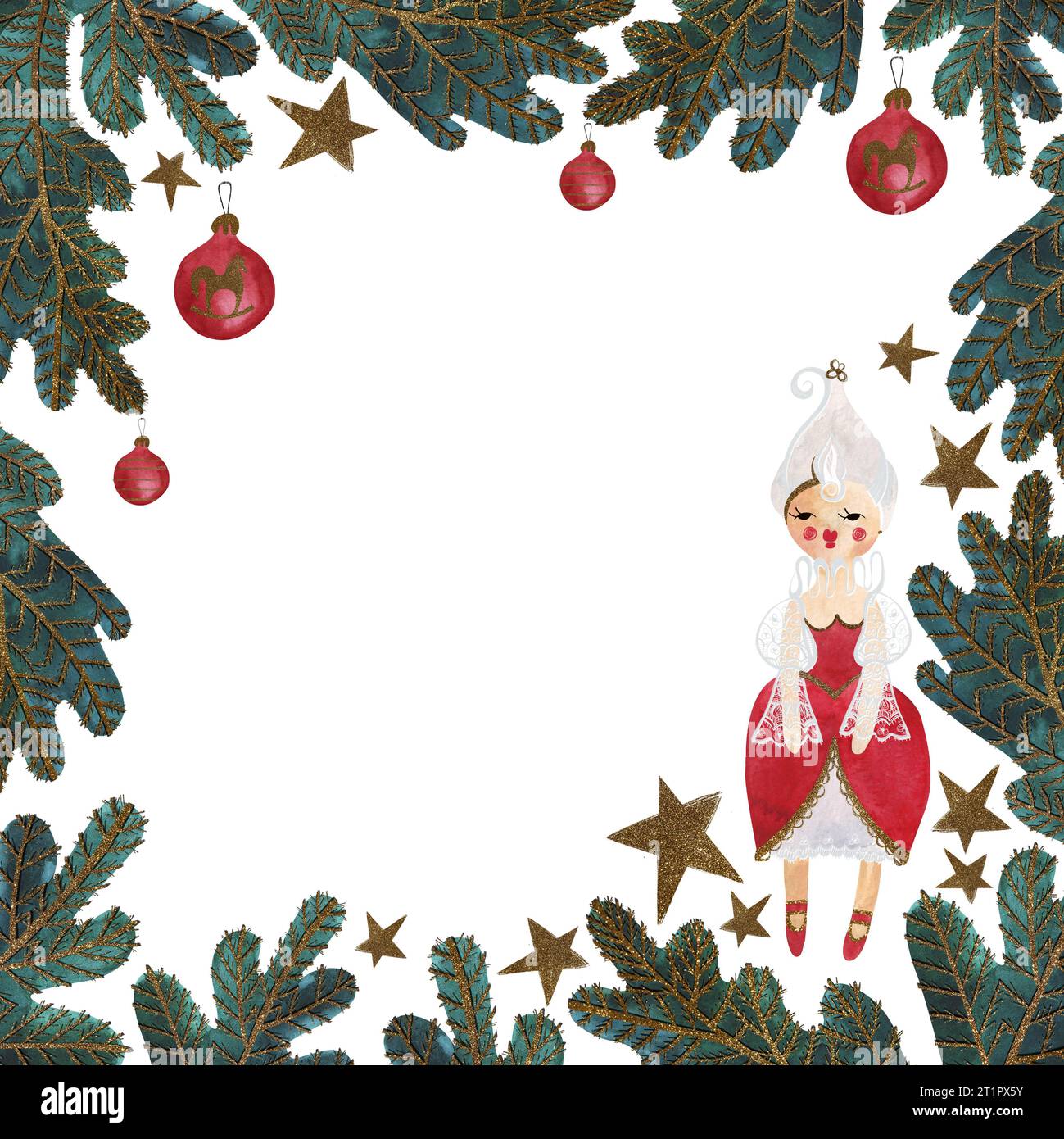 Cornice ad acquerello con albero di natale decorato e bambole. Biglietto di Natale. Giocattolo per bambini. Un regalo di Natale. Illustrazione raster per imballaggio, greeti Foto Stock