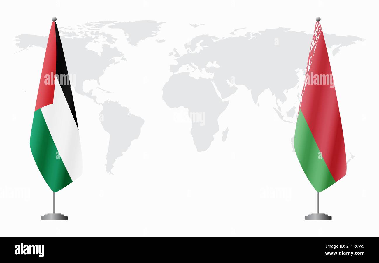Bandiere palestinesi e bielorusse per un incontro ufficiale sullo sfondo della mappa mondiale. Illustrazione Vettoriale