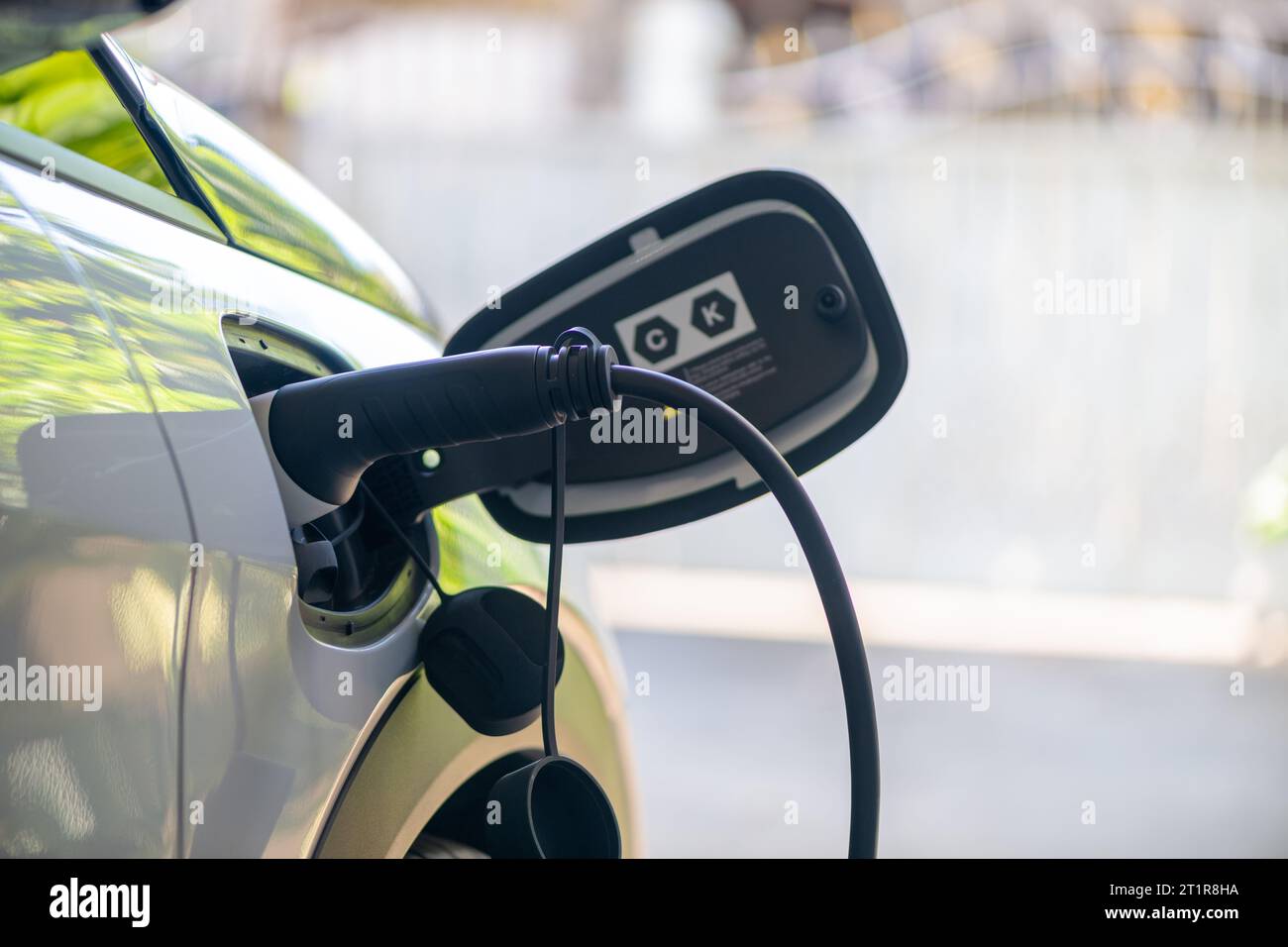 Ricarica di veicoli elettrici a casa per auto elettriche in concetto di energia verde ed eco-elettrica prodotta da fonti sostenibili per l'alimentazione alla stazione di ricarica in modo da Foto Stock