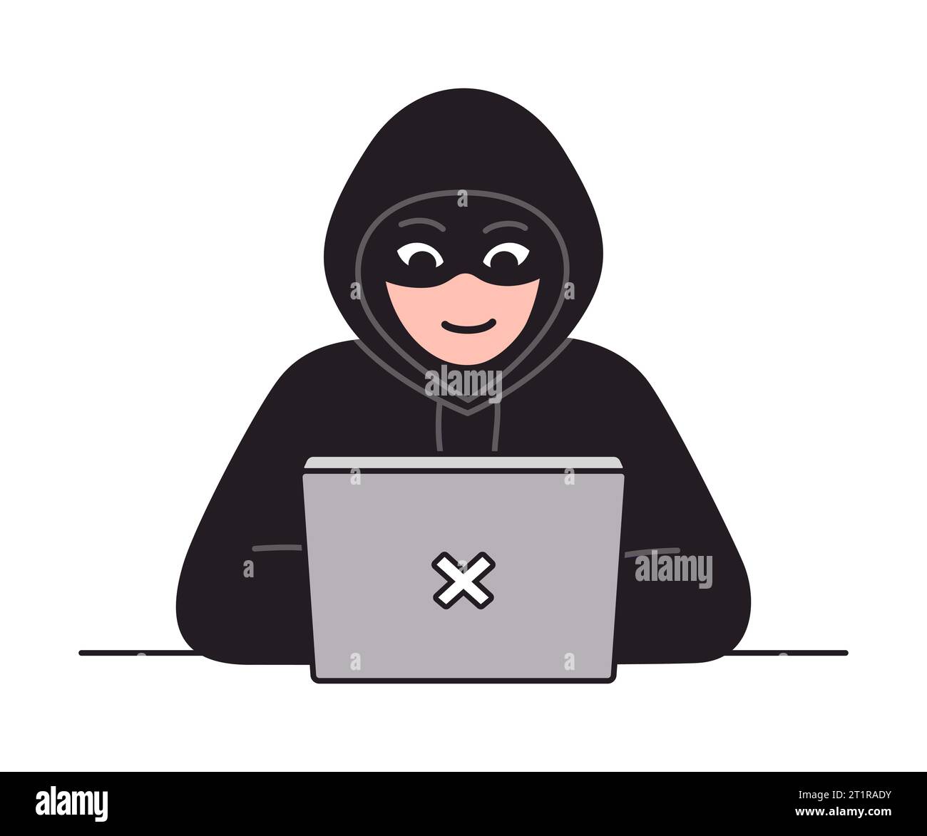 Personaggio hacker con felpa nera con cappuccio e computer portatile. Illustrazione di attacchi informatici e vettori di sicurezza. Illustrazione Vettoriale