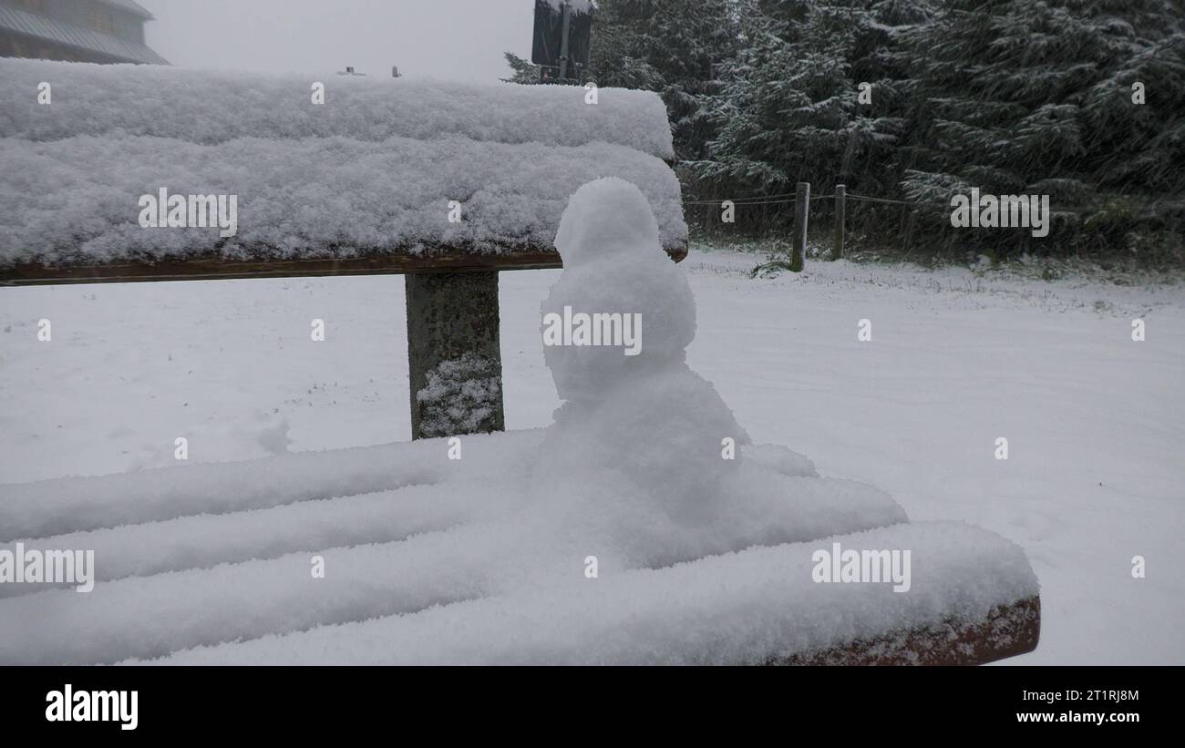 Aggiornamento - Teil 2: Ein dickes Wintergewitter überraschte am Sonntag dann doch noch viele Menschen auf dem Fichtelberg. Lautes Donnergrollen, dichtes Schneetreiben und ein schneebedeckter Fichtelberg gegen 14 Uhr. Ohne Winterreifen ging Nichts voran. Kradfahrer mussten eine Zwangspause einlegen. Die Touristen freute es, es gab eine fette Schneeballschlacht unter den Kindern. Wettersturz im Erzgebirge Nachdem es am Freitag und Samstagvormittag noch frühsommerlich warm gewesen ist, zeigt der Herbst am Sonntag Seine Zähne. BEI Temperaturen von knapp über dem Gefrierpunkt fiel auf dem Fichtelberg der Foto Stock