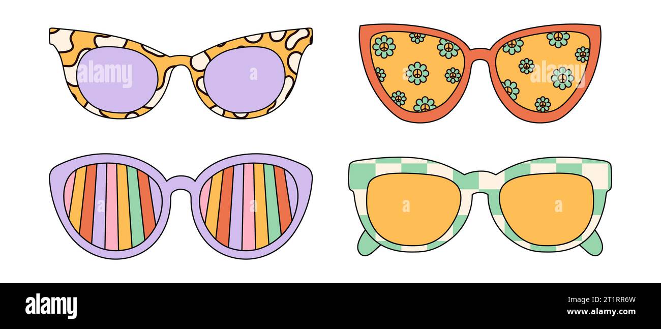 Set di eleganti occhiali da sole con stampe psichedeliche. Grafica vettoriale isolata su sfondo bianco Illustrazione Vettoriale