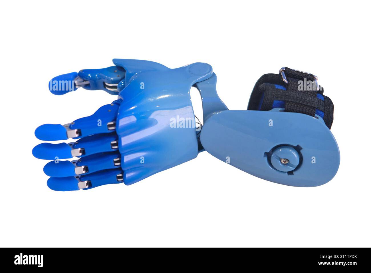 La tecnologia delle mani artificiali ha permesso alla persona di mantenere uno stile di vita sano e continuare a partecipare a sport, isolati su sfondo bianco. Foto Stock