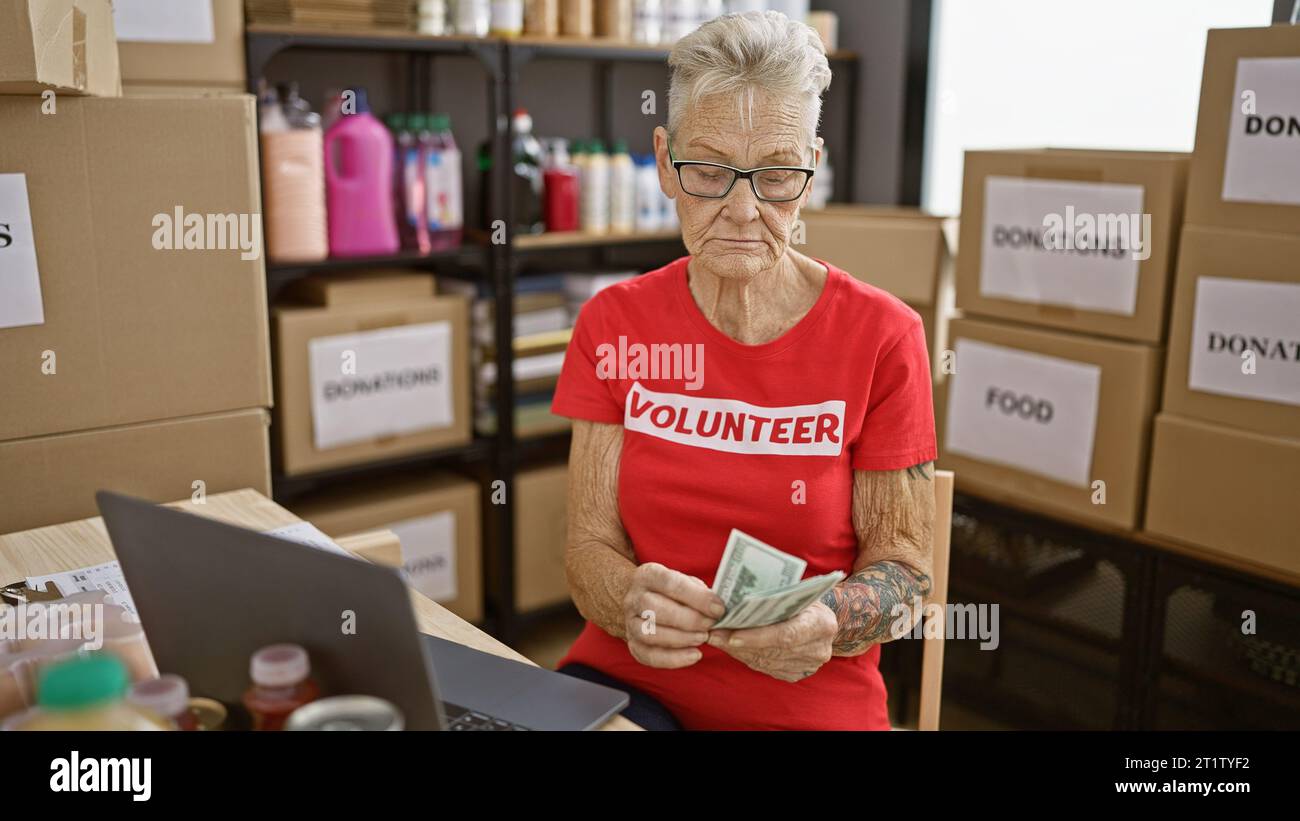 Ddevota anziana con i capelli grigi volontaria presso il centro di beneficenza della comunità, contando meticolosamente i dollari sul laptop in mezzo a un vortice di donazioni. Foto Stock