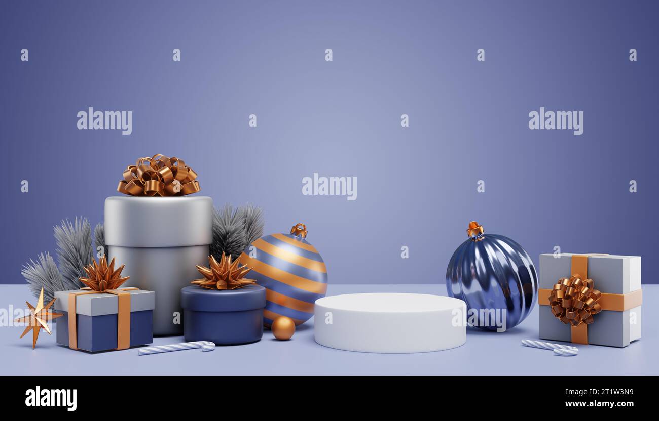 Buon Natale. Confezioni regalo podio con rami e decorazioni per alberi di Natale su sfondo nova blu. Rendering 3D. Foto Stock
