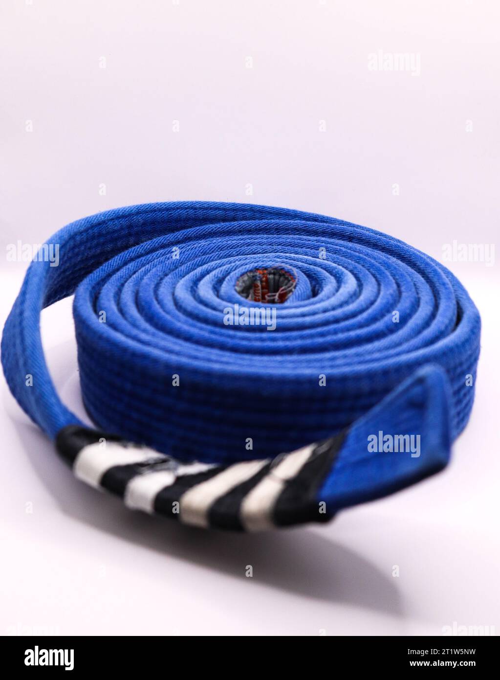 Una cintura brasiliana jiu jitsu arrotolata blu con quattro strisce Foto Stock