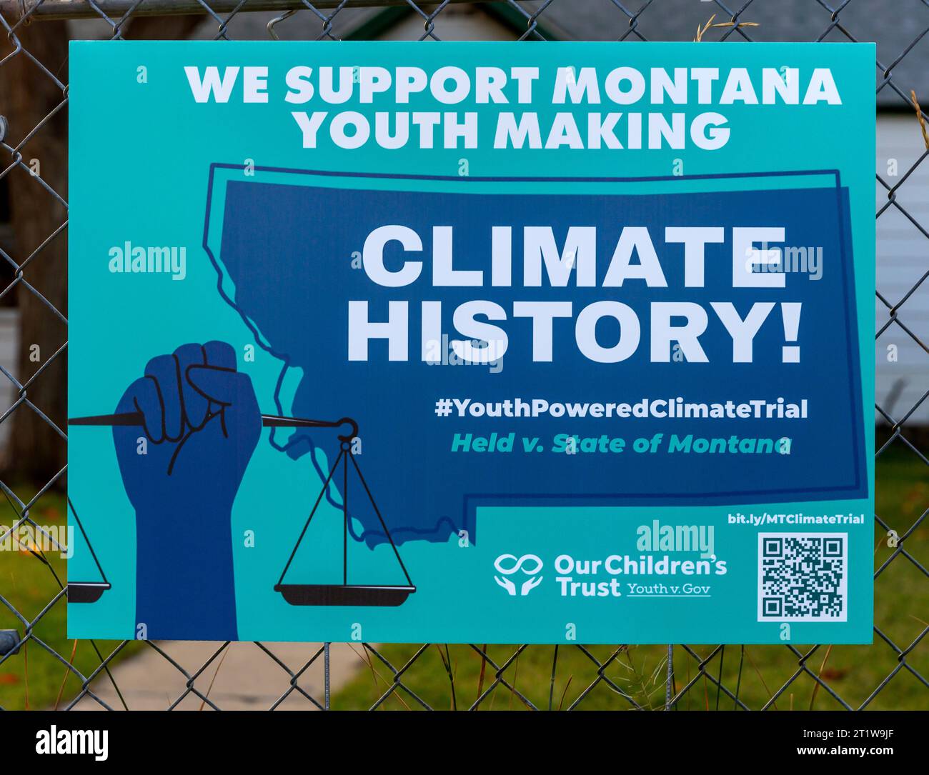 Il nostro Children’s Trust yard firma a Helena a sostegno dei giovani in Held contro Montana, un caso giudiziario costituzionale nello Stato del Montana riguardante il diritto Foto Stock