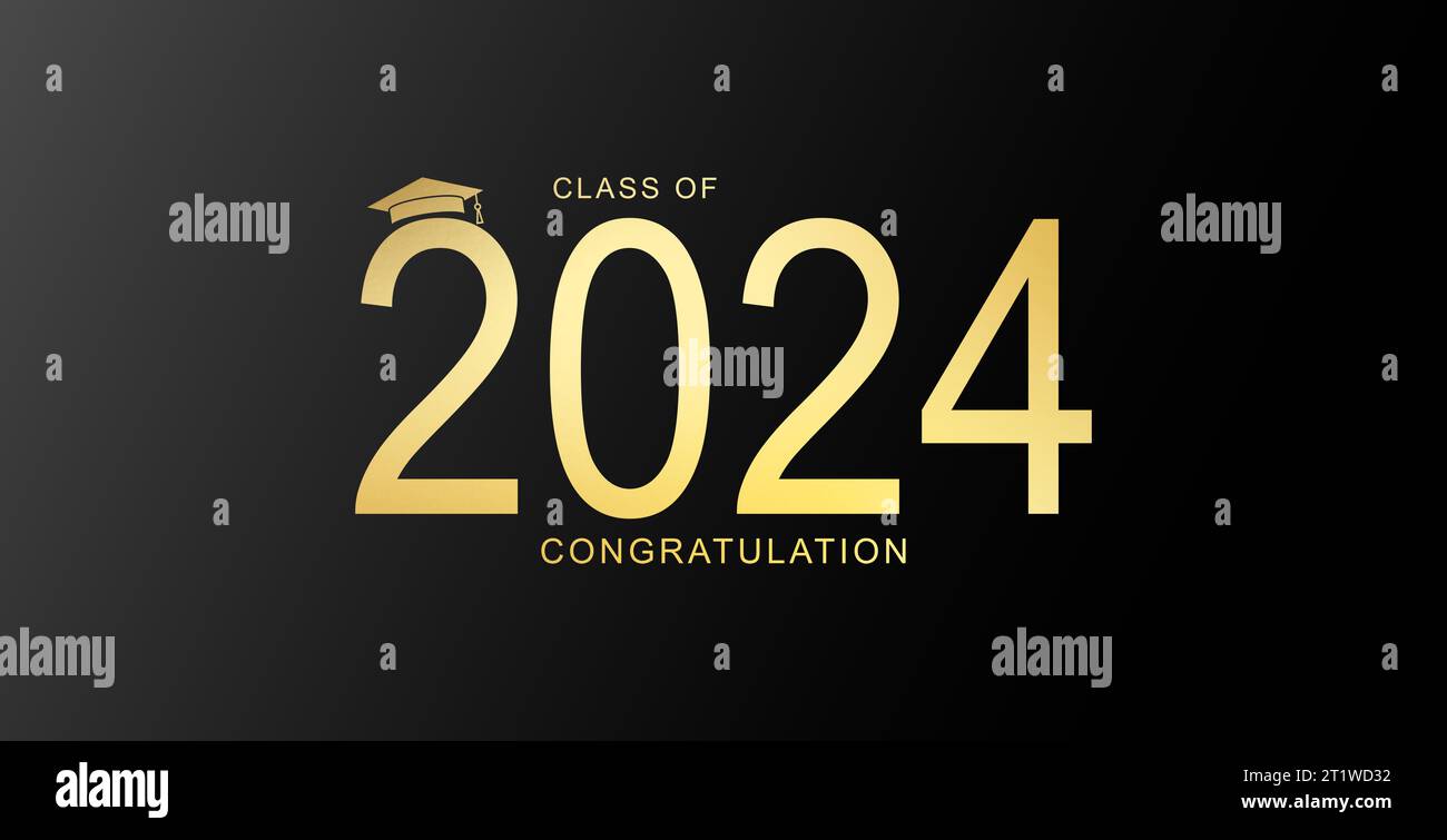 Design dorato su sfondo nero per la cerimonia di laurea. Classe del 2024. Congratulazioni laureati modello tipografico per camicia, timbro, logo. Foto Stock