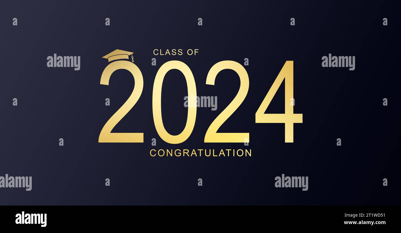 Design dorato su sfondo nero per la cerimonia di laurea. Classe del 2024. Congratulazioni laureati modello tipografico per camicia, timbro, logo. Foto Stock