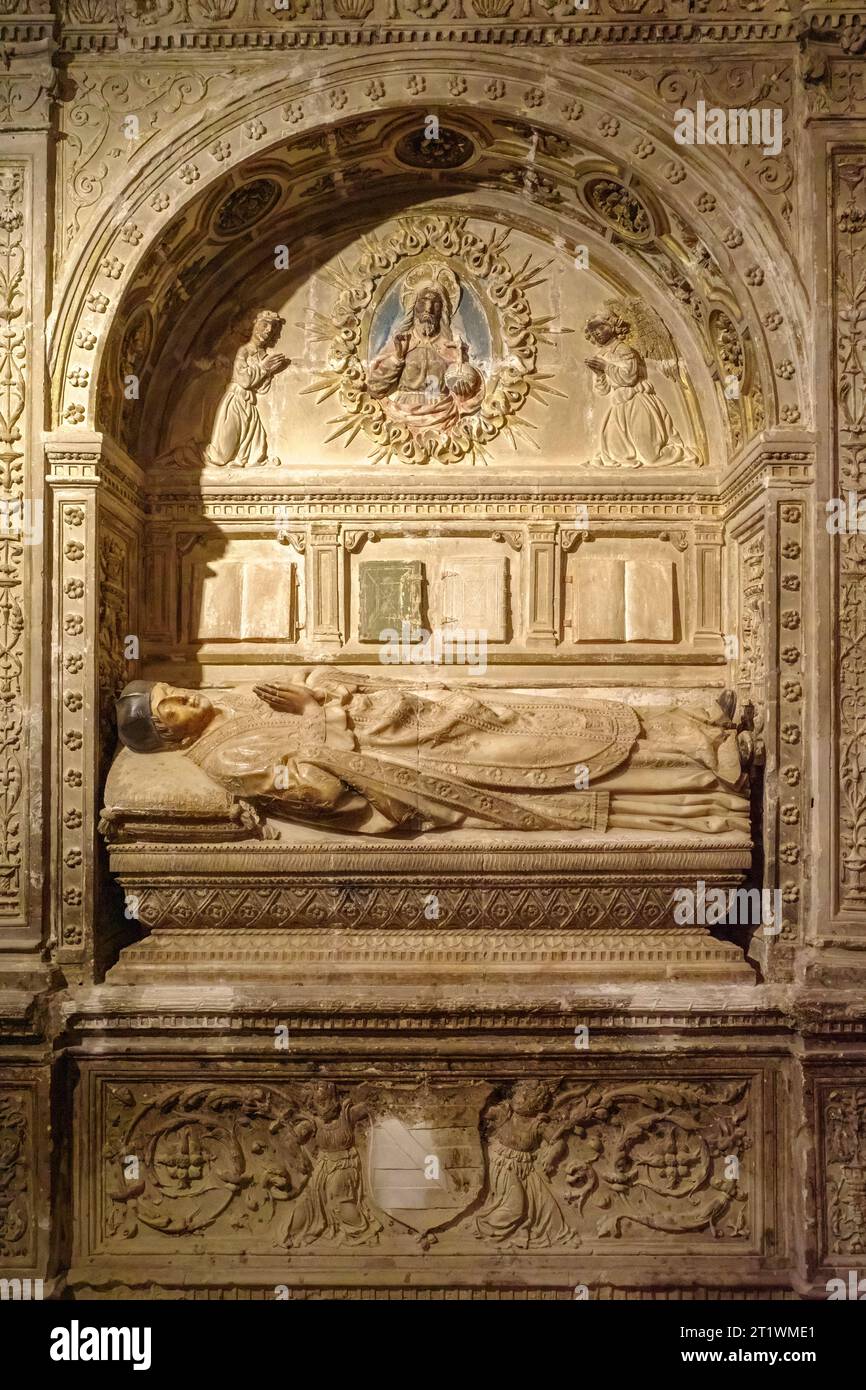Tomba funeraria in stile plateresco del canone Fernando de Montemayor benefattore della cappella dell'Annunciazione, cattedrale di Santa Maria di Sigüenza. Foto Stock